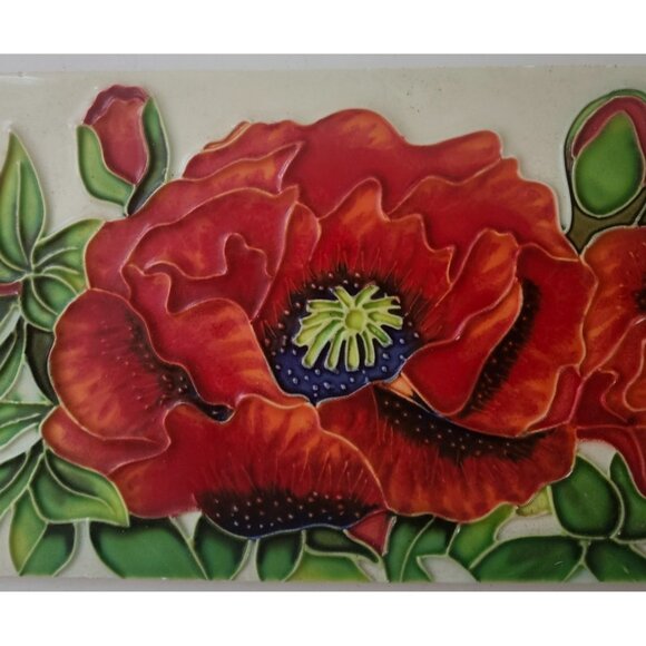 Poppy Wall Art Tile Hand Painted Ceramic 15.75” X 6” Raised - Picture 3 of 8